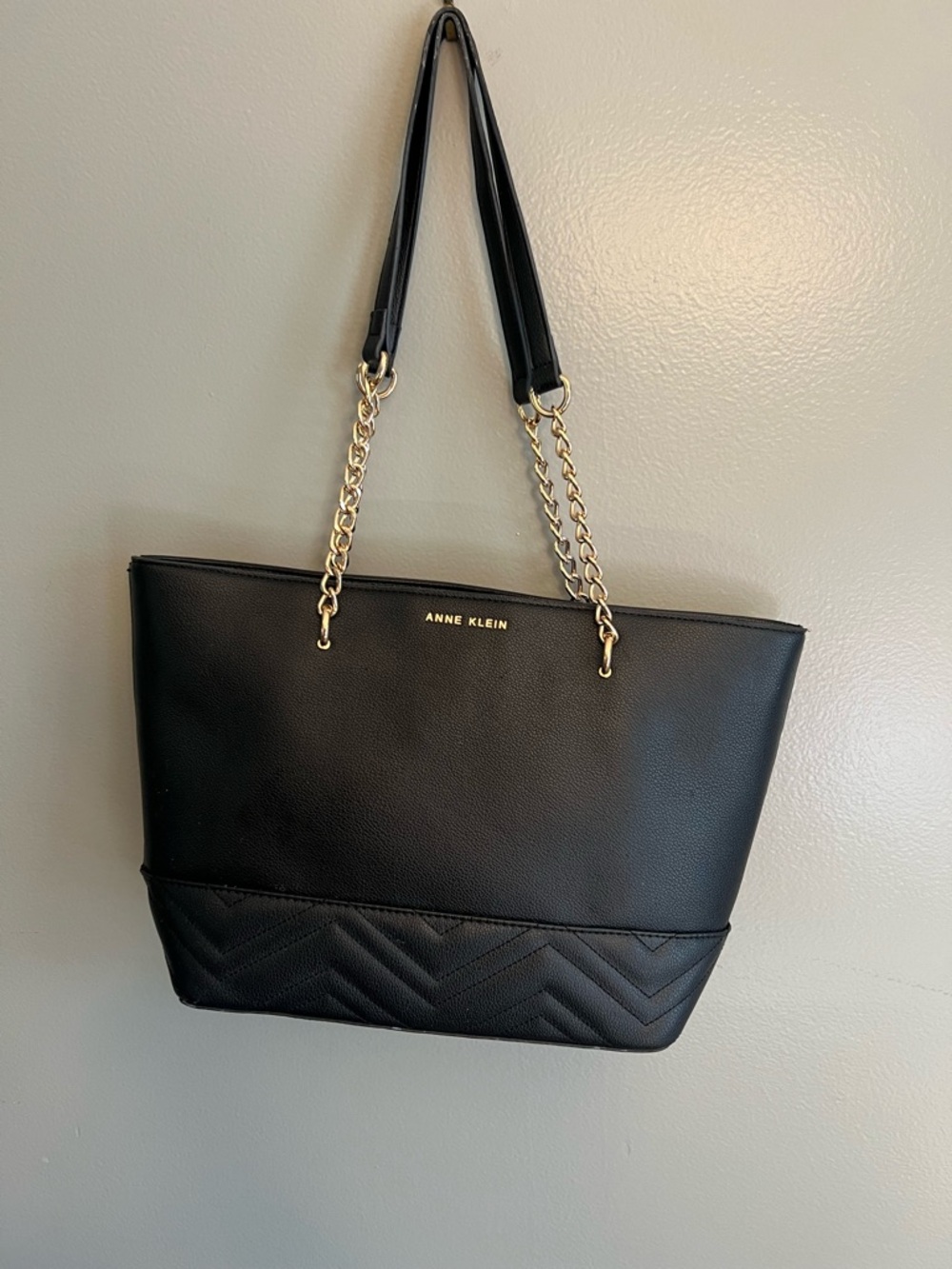 Anne Klein Black Quilted-Bottom Tote with Gold Chain Straps
